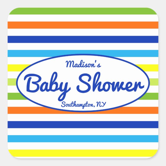 Primary Blue Modern Summer Stripes Baby Shower Square Sticker (Front)