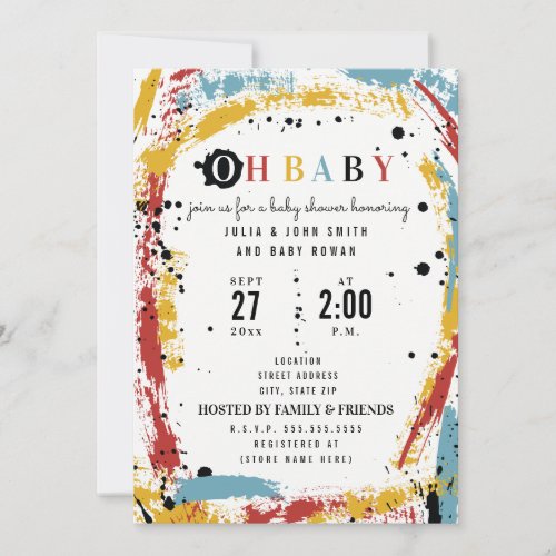 Primary Brushstroke Abstract Unisex Oh Baby Shower Invitation
