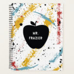 Primary Brushstrokes Abstract Art Teacher Apple Planner<br><div class="desc">Red yellow and blue brushstrokes with black paint splatter,  text,  and apple.  Personalize with name of teacher.</div>