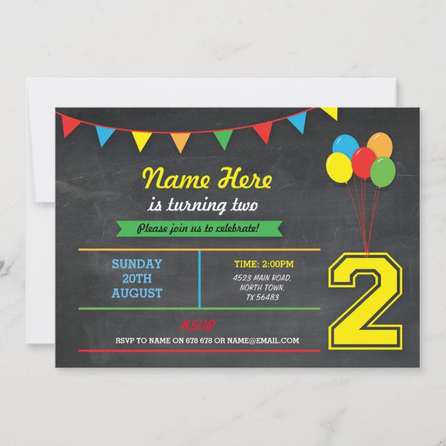 Primary Color Birthday Girls Boys 2nd two Invite (Front)