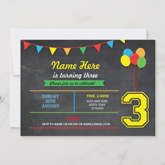 Primary Color Birthday Girls Boys 3rd three Invite (Front)