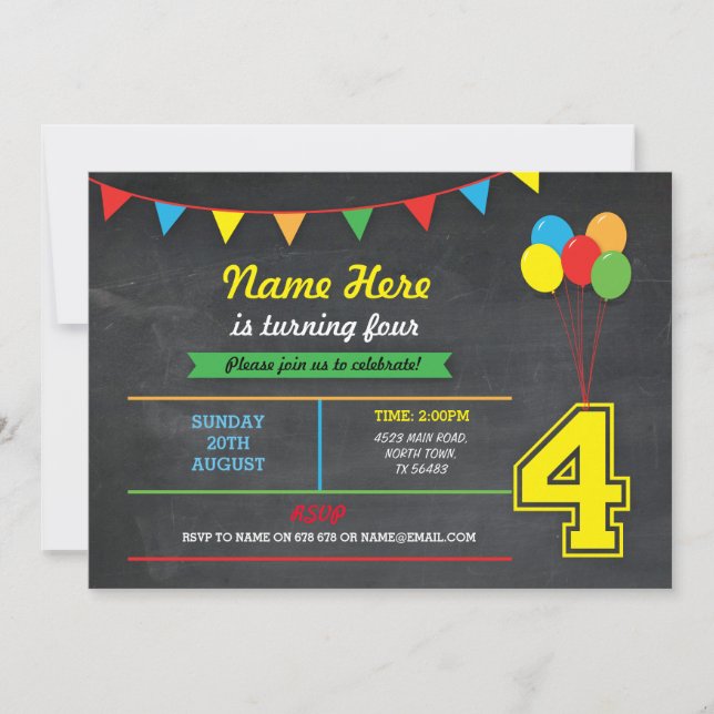 Primary Color Birthday Girls Boys 4th Four Invite (Front)