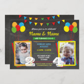Primary Color Birthday Girls Boys Joint Photo Invitation (Front/Back)