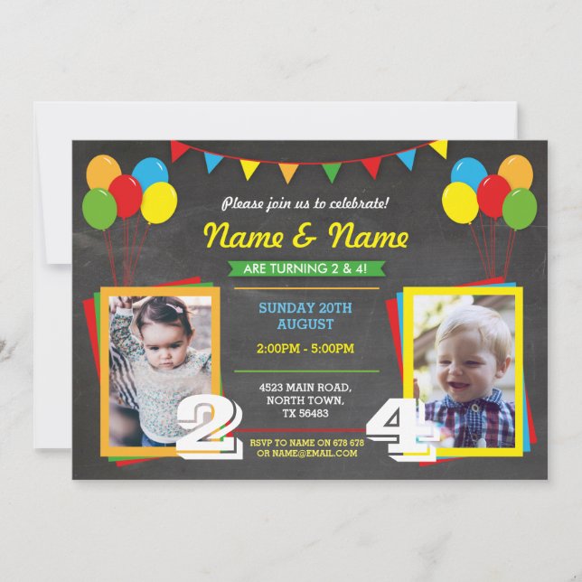 Primary Color Birthday Girls Boys Joint Photo Invitation (Front)