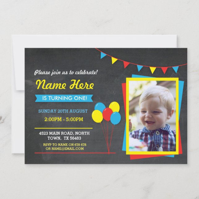 Primary Color Birthday Girls Boys Photo Invite (Front)