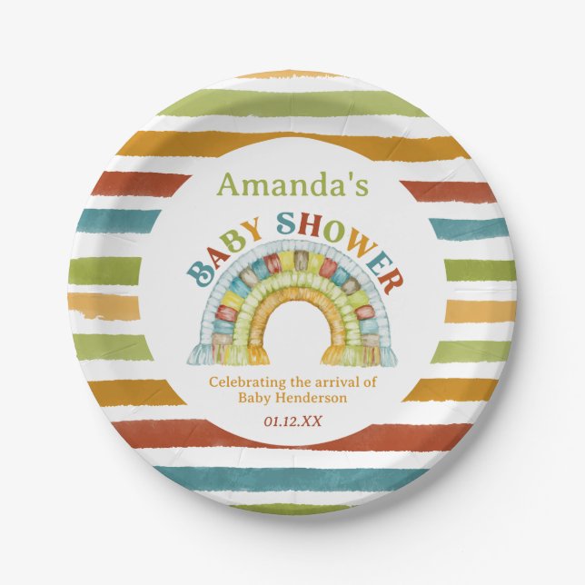 Primary Color Boho Rainbow Baby Shower Paper Plates (Front)