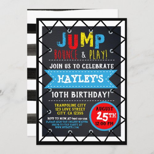 Primary Color Jump  Play Trampoline Park Bounce Invitation