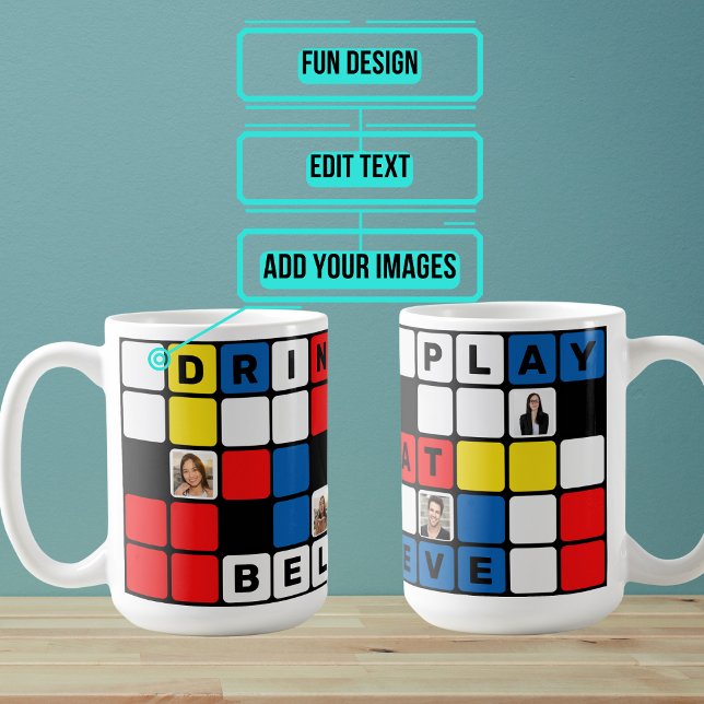 Primary Color Squares with Letters and Photos Coffee Mug (This colorful design has a number of squares in primary colors.)