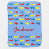 Cute Red and Blue Planes and Clouds Kids Monogram Sherpa Blanket