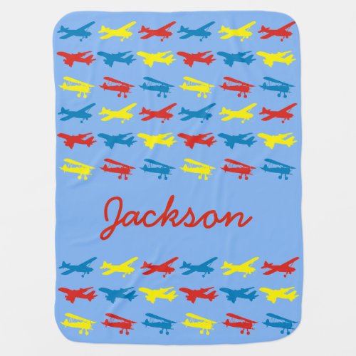 Primary Colors Airplanes Pattern Personalized Baby Blanket