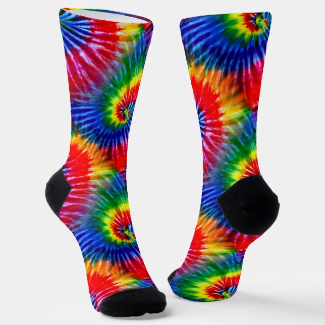 Primary Colors Bright Fun Retro Tie Dye Spirals Socks (Angled)