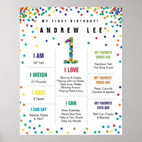 Primary Colors Confetti boy first birthday poster