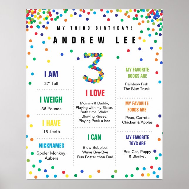 Primary Colors Confetti boy third birthday poster (Front)