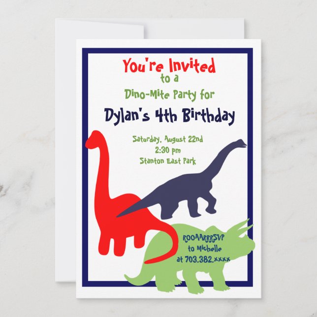 Primary Colors Dinosaur Birthday Party Invitations (Front)