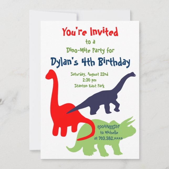 Primary Colors Dinosaur Birthday Party Invitations (Front)