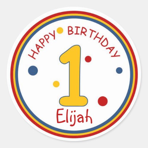 Primary Colors Happy Birthday Number 1 Classic Round Sticker