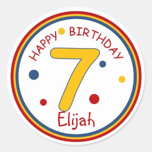 Primary Colors Happy Birthday Number 7 Classic Round Sticker