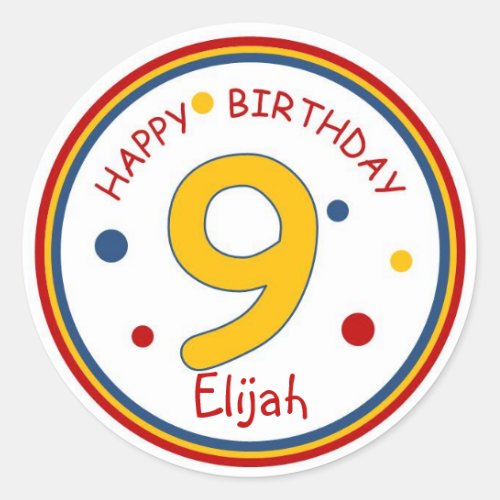 Primary Colors Happy Birthday Number 9 Classic Round Sticker