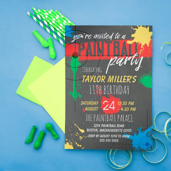 Primary Colors Paint Splash Paintball Party Invitation by Paperpaperpaper at Zazzle