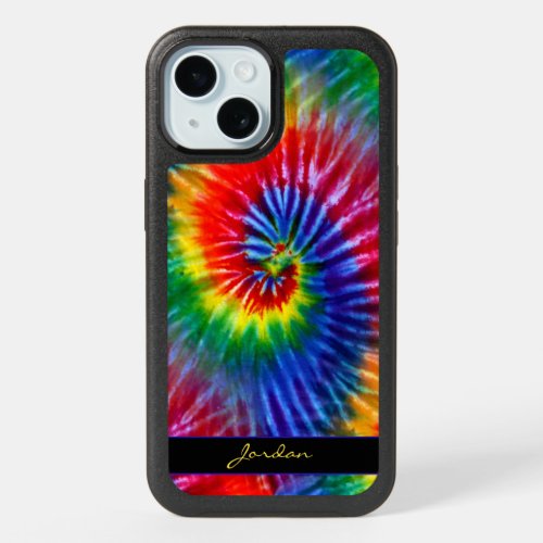 Primary Colors Rainbow Retro Tie Dye with Name iPhone 15 Case