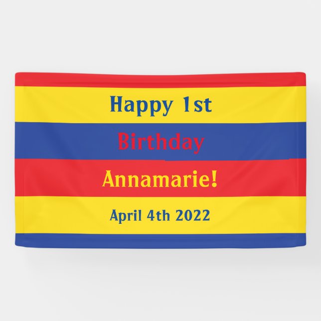 Primary Colors Red Yellow Blue 1st Birthday Party Banner (Horizontal)