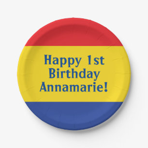 Primary Colors Red Yellow Blue 1st Birthday Party Paper Plates