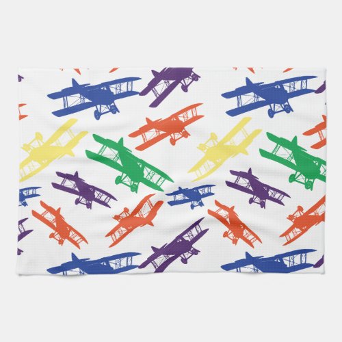 Primary Colors Vintage Biplane Airplane Pattern Kitchen Towel