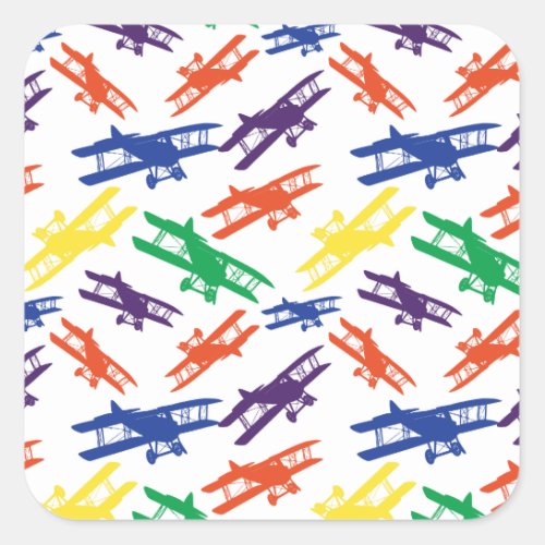 Primary Colors Vintage Biplane Airplane Pattern Square Sticker