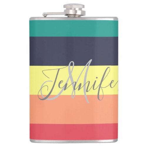 Primary Rainbow Color Block Stripe Monogram Name Flask