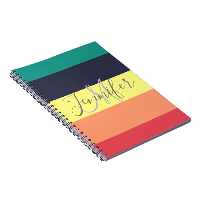 Primary Rainbow Color Block Stripe Monogram Name Notebook (Right Side)