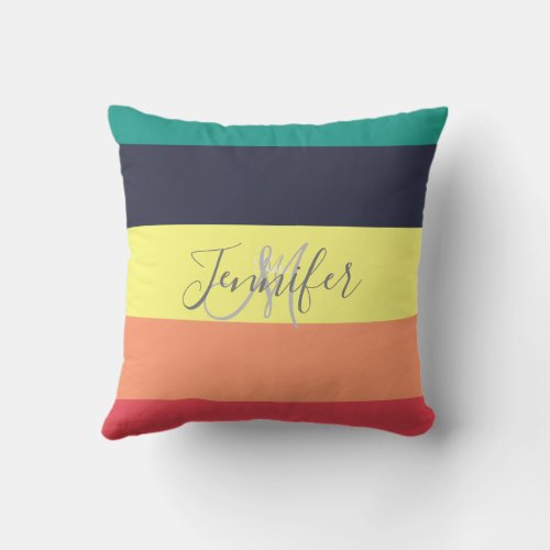 Primary Rainbow Color Block Stripe Monogram Name Throw Pillow