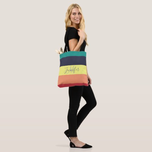 Primary Rainbow Color Block Stripe Monogram Name Tote Bag