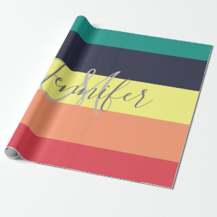 Primary Rainbow Color Block Stripe Monogram Name Wrapping Paper