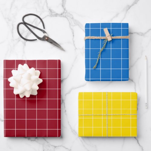 Primary Red Blue and Yellow With White Check Wrapping Paper Sheets