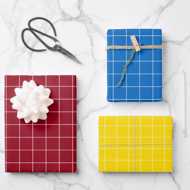 Primary Red Blue and Yellow With White Check Wrapping Paper Sheets (Front)