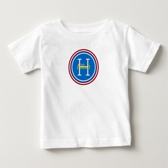 Primary Red Blue Yellow Polka Dot Monogram Baby T-Shirt (Front)