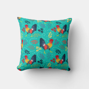 Primary Rooster Tropical Farm in Teal Throw Pillow