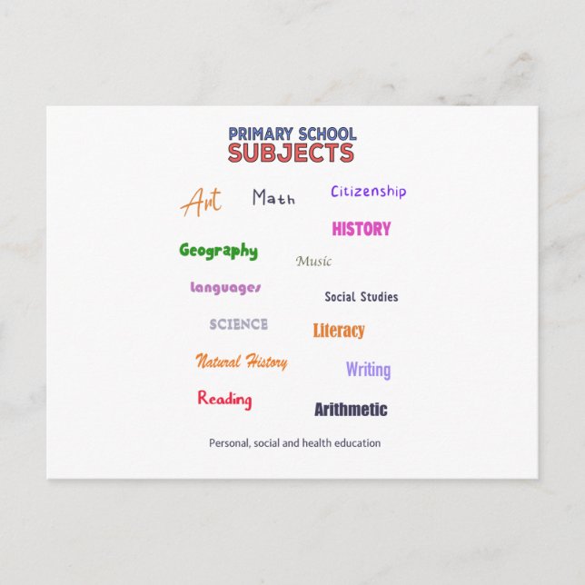 Primary School Subjects Holiday Postcard (Front)