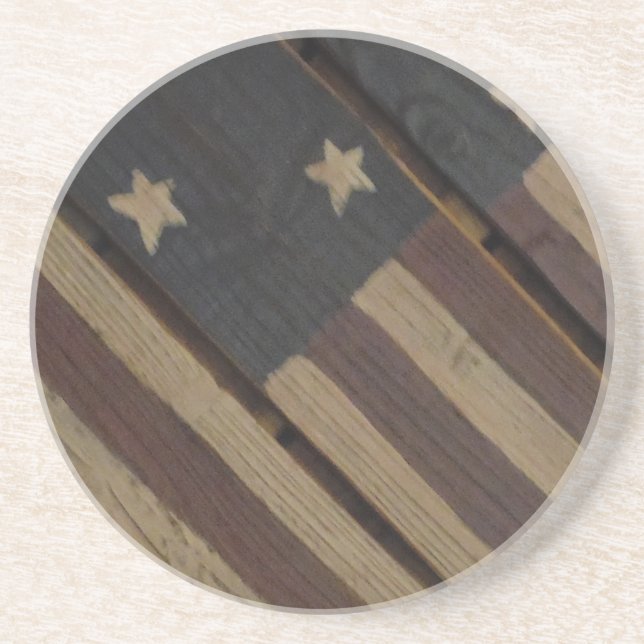 primative wood american flag: red, white, blue drink coaster (Front)