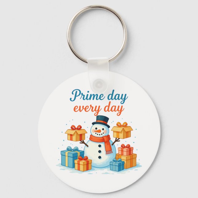 Prime Day Every Day, Snowman holding gifts Holiday Keychain (Front)