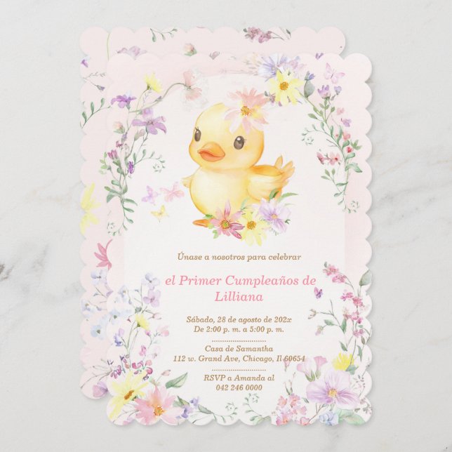 Primer Cumpleaños Pato de Goma Rosa para Niña Invitation (Front/Back)