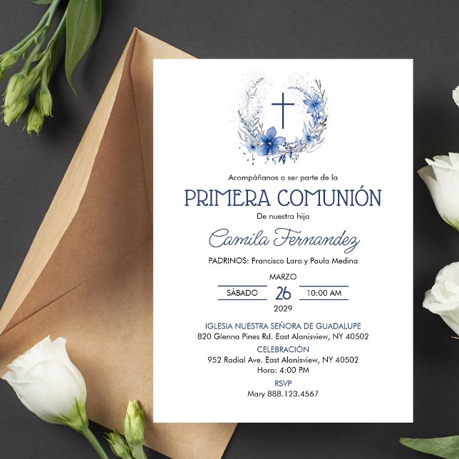 Primera Comunion Blue Flowers First Holy Communion Invitation (Creator Uploaded)