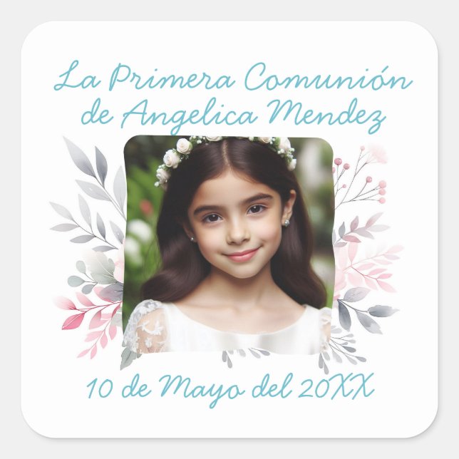 Primera Comunión con Foto y Flores Spanish Square Sticker (Front)