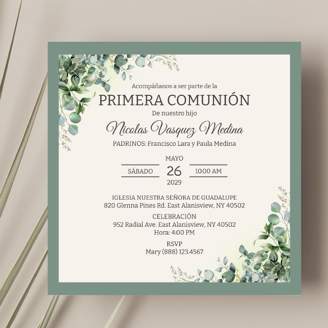 Primera Comunion Green Leaves Boy First Communion Invitation (Creator Uploaded)