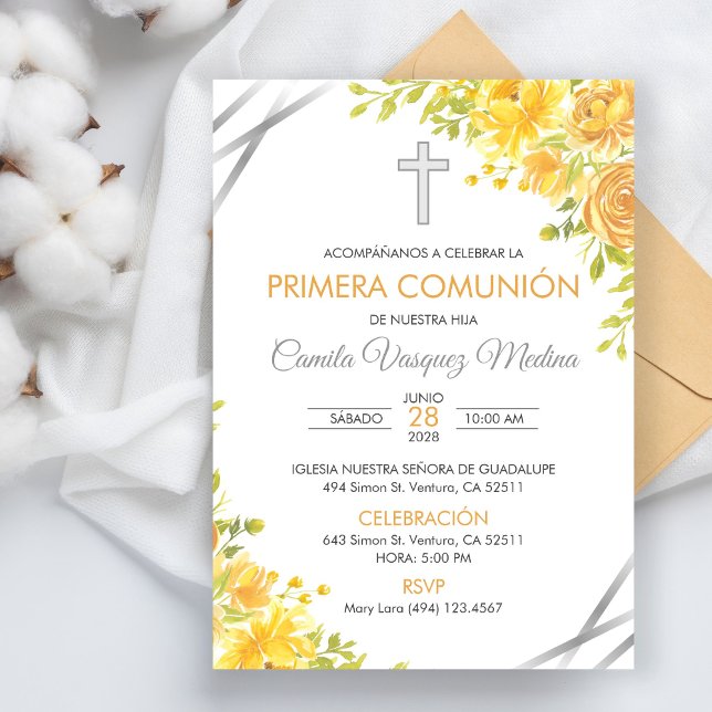 Primera Comunion Invitacion Cute Yellow Flowers Invitation (Creator Uploaded)