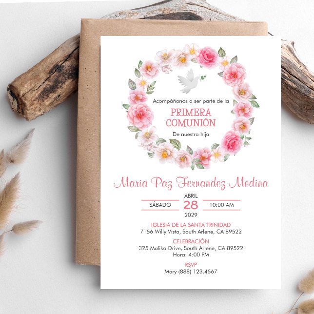 Primera Comunion Pink Roses Wreath First Communion Invitation (Creator Uploaded)