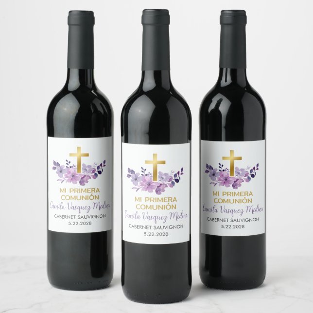 Primera Comunion Purple Flowers First Communion Wine Label (Bottles)