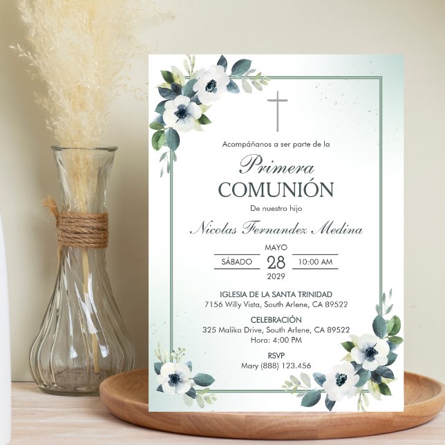 Primera Comunion White Flowers First Communion Invitation (Creator Uploaded)
