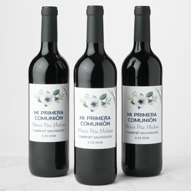 Primera Comunion White Flowers First Communion Wine Label (Bottles)