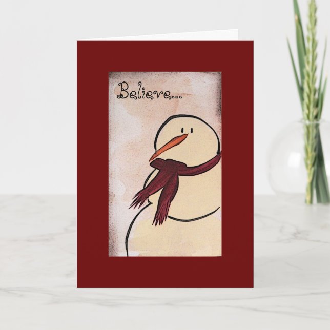 Primitive Acrylic Painted Snowman Christmas Holiday Card (Front)